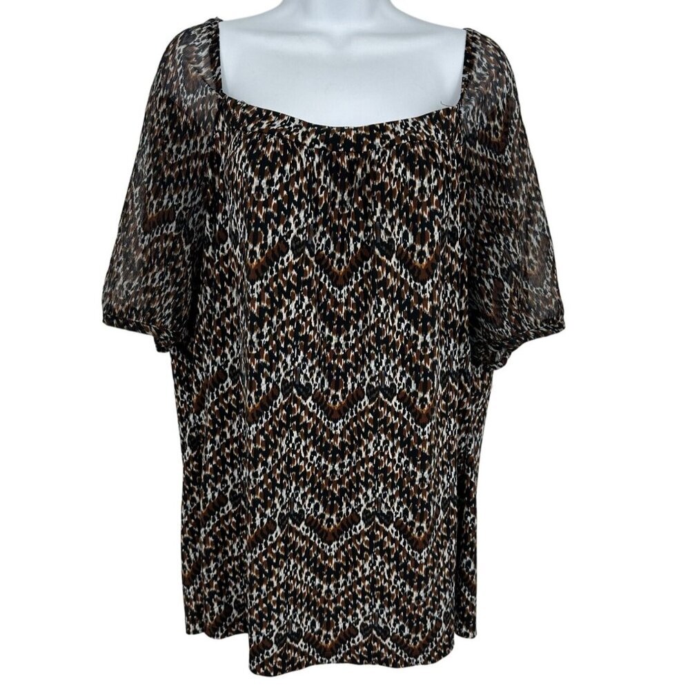 Lane Bryant Cheetah Zigzag Square Neck Elastic Sleeves Top Womens Size 22/24